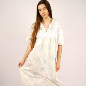 80s Cottage Nightgown (XL) white blue vintage short sleeve retro house dress